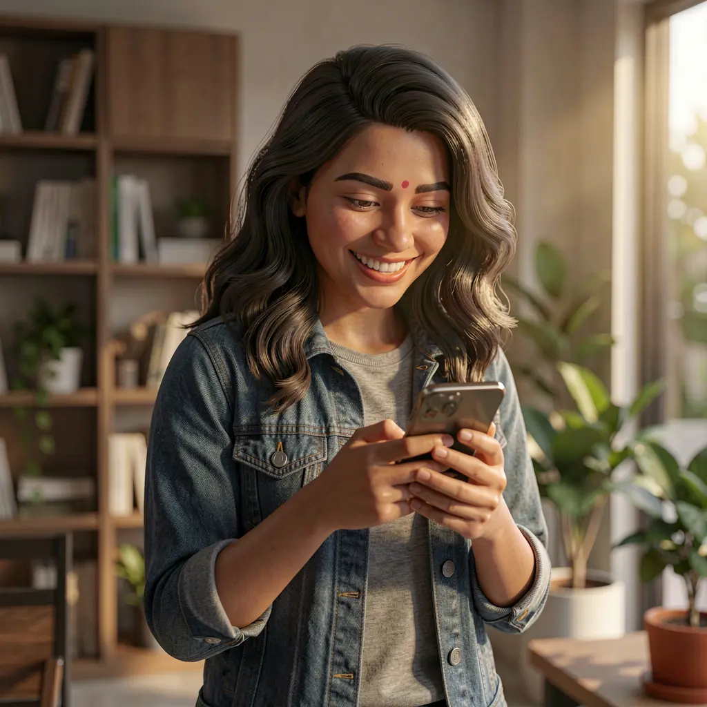 Confident Bangladeshi woman using the 9E999 casino app on her smartphone with cinematic lighting and a modern casual outfit