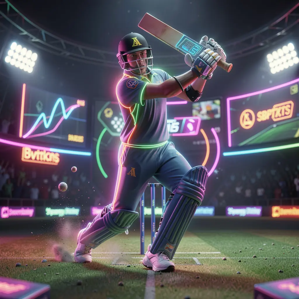 Glowing neon cricket player in a dynamic pose representing fast and exciting sports betting on 9E999 in Bangladesh