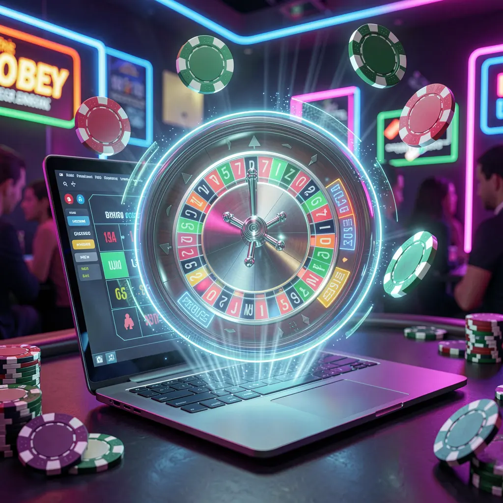 Modern roulette wheel with glowing numbers and floating chips representing high tech casino gaming available at 9E999 for players in Bangladesh