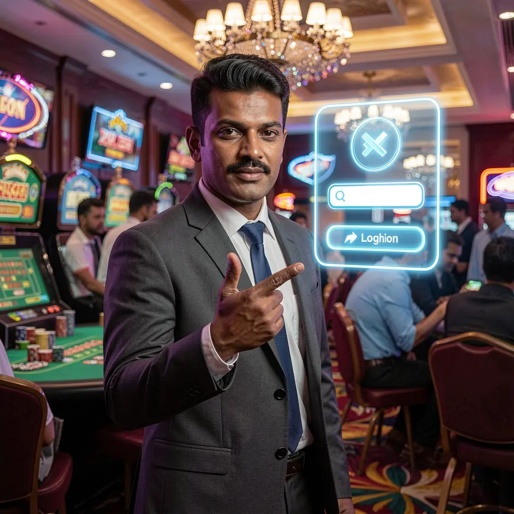 Modern Bangladeshi casino dealer presenting a glowing holographic login button in a vibrant casino scene representing secure access at 9E999