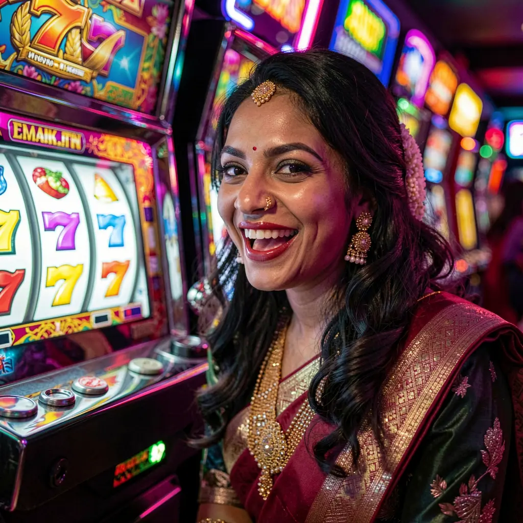 Excited woman enjoying colorful slot machines with glowing 777 symbols creating a vibrant casino atmosphere at 9E999 in Bangladesh